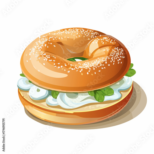 A freshly baked sesame seed bagel sandwich with cream cheese and fresh green herbs, isolated on a white background