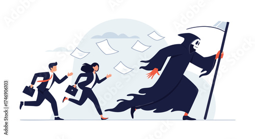 Business people running from the grim reaper.
