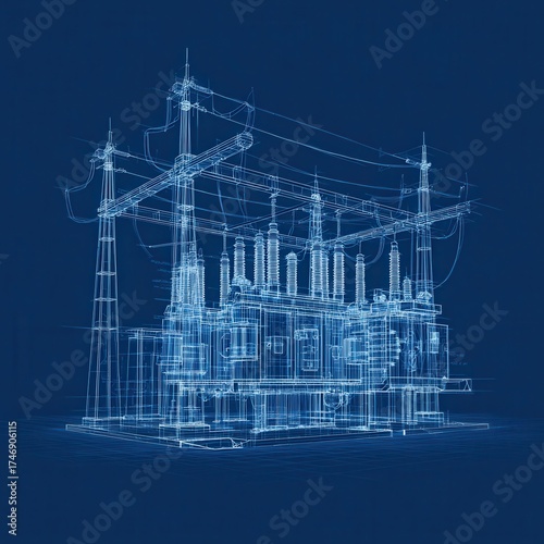 Blueprint of Energy: A detailed blueprint showcases a power station, illustrating intricate electrical infrastructure with precision and technical artistry. 