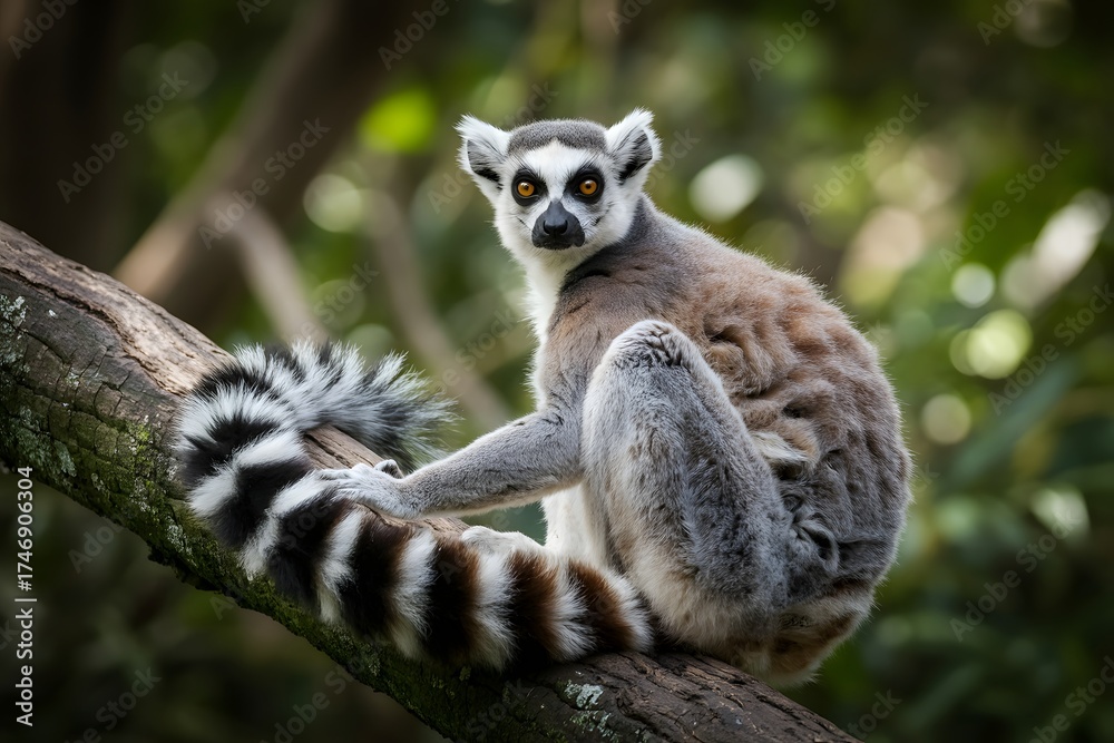 Fototapeta premium Ring-tailed lemur perched on a tree branch amidst lush green foliage