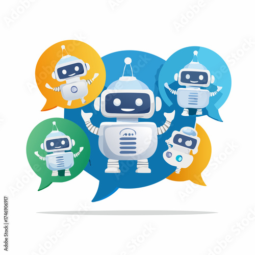 Friendly Robots in Chat Bubbles A Team of Cute AI Characters Discussing Ideas