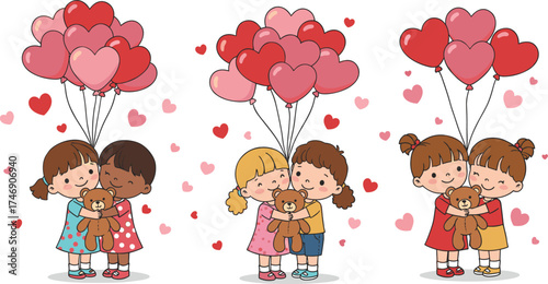 Children hugging teddy bears with heart balloons, cute vector illustration, friendship and love concept, Valentine’s Day cartoon design, stock image