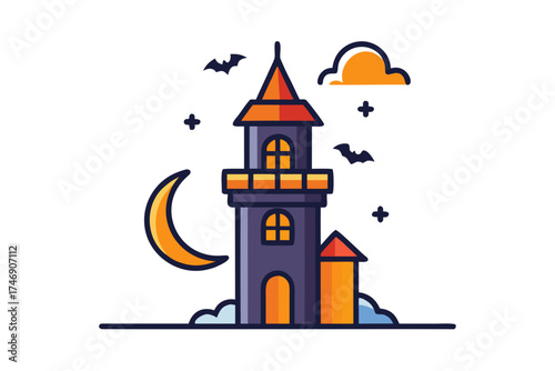 Lighthouse with glowing window slit crescent moon night  