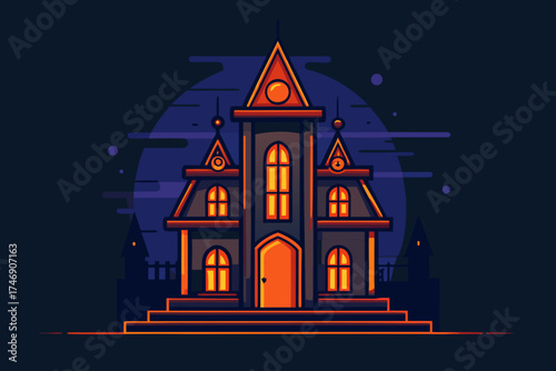 Mansion with tall towers glowing orange window art style  