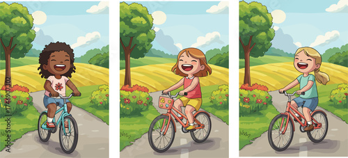 Kids riding bikes in landscape, cheerful cycling vector illustration, outdoor recreation design, happy children adventure, nature path artwork, stock image