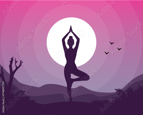 Woman Silhouette in Vrksasana Tree Pose at Purple Sunset Full Moon Landscape with Birds and Mountains Vector Illustration
