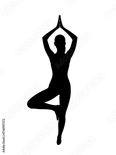 Black Silhouette Vector of Woman in Tree Pose Vrksasana Yoga Balancing Raised Prayer Hands