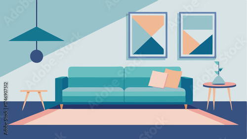A modern lounge area with a sectional sofa a geometric area rug and an abstract artwork hanging above a minimalist media console.