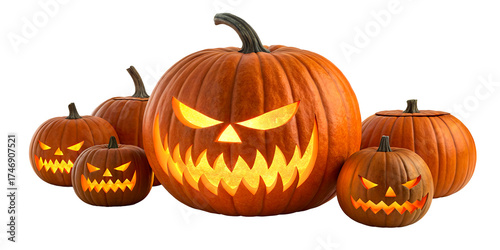 Group of carved glowing jack o lanterns for Halloween