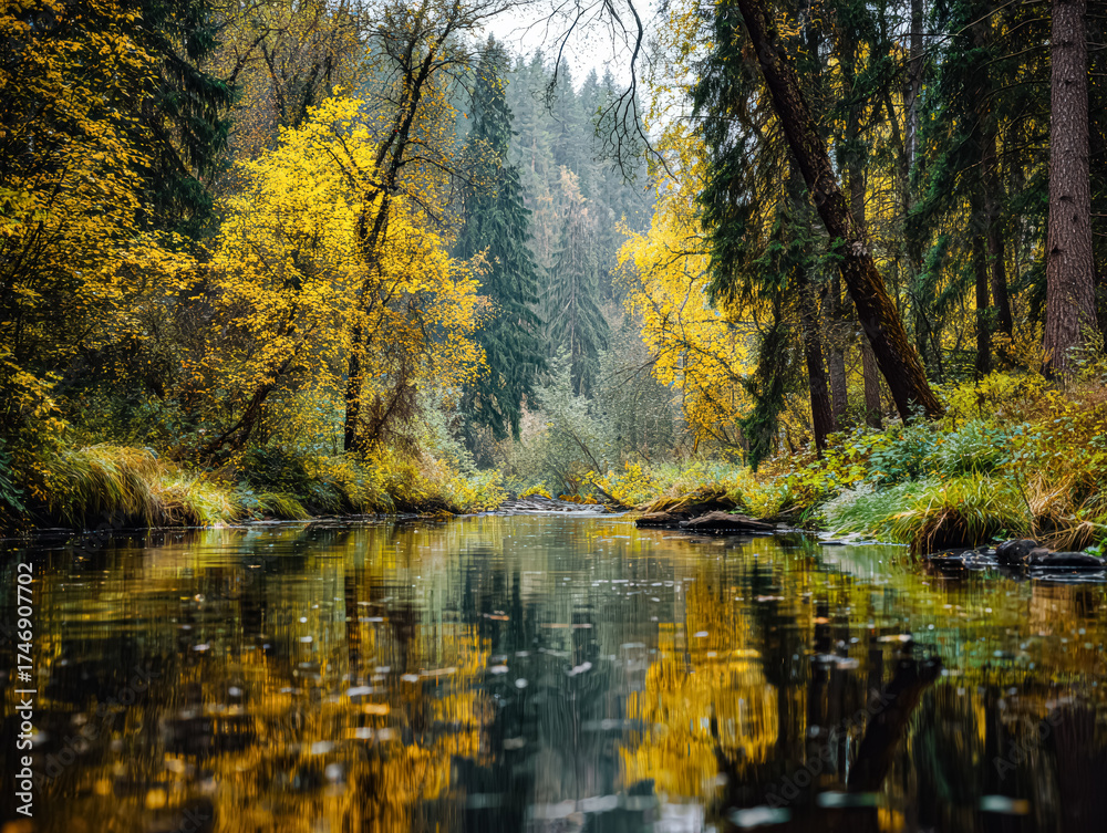 Obraz premium Autumn landscape with vibrant yellow trees reflecting in calm river water surrounded by lush greenery