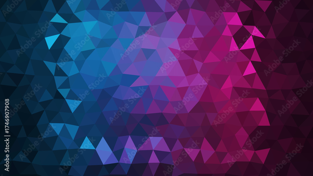 Fototapeta premium Vibrant. Geometric. A dark abstract background with a vibrant low poly pattern of teal and magenta, ideal for a futuristic tech presentation, a music event, or a gaming website banner.