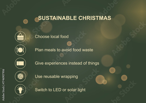 Sustainable Christmas Eco Tips Checklist on green bokeh background. Environmental holiday guide. sustainable christmas practices. Eco-friendly christmas concept. Vector illustration