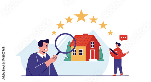 Real estate agent inspecting a house with a magnifying glass for quality assessment.

