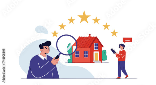 Real estate agent inspecting a house with a magnifying glass for quality assessment.

