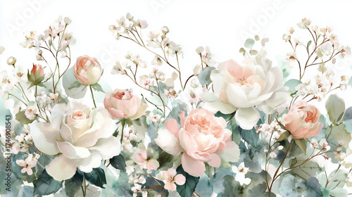 A floral arrangement featuring white and pink roses with delicate baby's breath on a light background