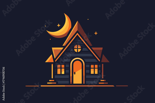 hut crooked roof glowing triangular windows spooky vibe