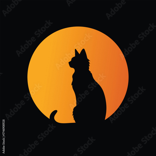 Black Cat Silhouette Sitting in Front of a Vibrant large orange sun Sunset, Minimalist Pet and Nature Concept