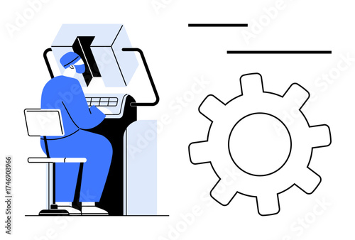 Technician working at a control panel, gear icon representing engineering, innovation, development, and precision. Ideal for technology, industry, manufacturing, processes problem-solving teamwork