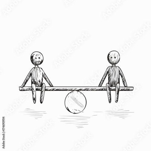 Two figures sitting in perfect balance on a seesaw, representing equality and partnership