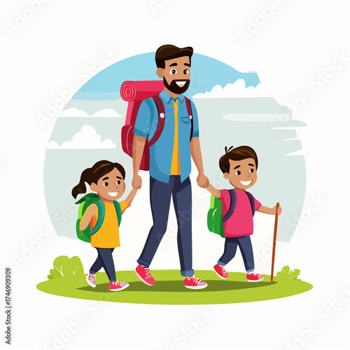 Family Adventure Father and Kids Hiking Outdoors Together