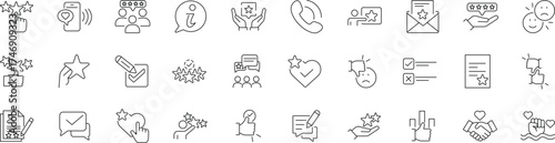 Feedback plan thin line icon set with editable stroke, featuring assessment, survey, customer review, rating, like, comment, opinion, and five-star evaluation in a clean linear vector style
