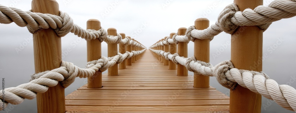 Fototapeta premium Long wooden pier extends over calm water, inviting peaceful reflection and connection with nature while under a serene, cloudy sky