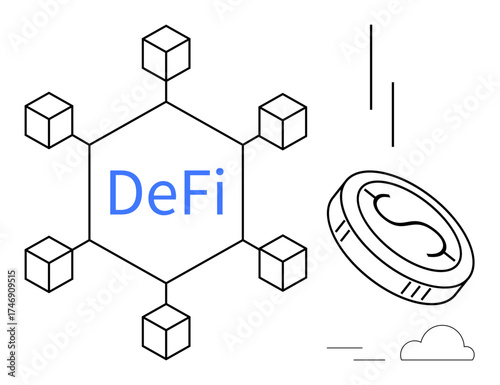 Network of blocks surrounding DeFi text and falling cryptocurrency coin. Ideal for blockchain, cryptocurrency, innovation, economy, technology, fintech, financial freedom. Simple flat metaphor