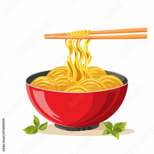Delicious Bowl of Noodles with Chopsticks and Fresh Green Leaves