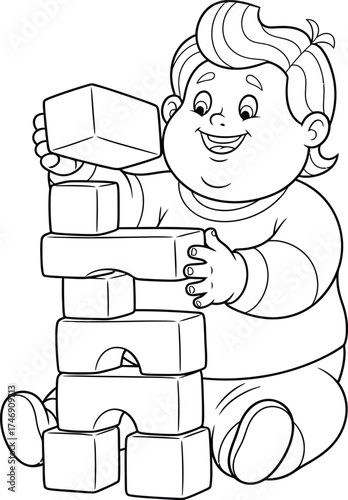 Happy Child Building a Tower with Play Blocks - Outline Illustration of a Toddler Engaged in Creative Construction and Learning, Coloring Page