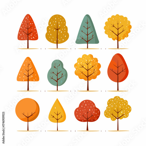 A diverse collection of stylized autumn trees showcasing vibrant fall colors and natural shapes