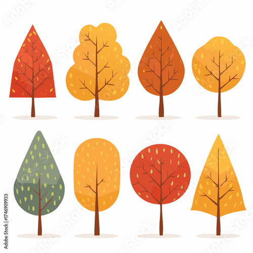 A vibrant collection of stylized autumn trees showcasing beautiful fall colors