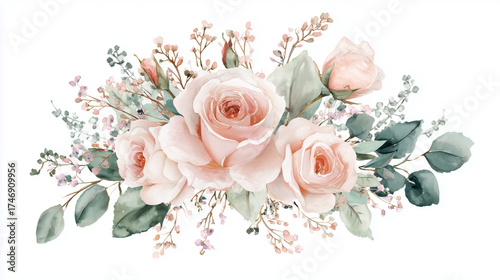 Watercolor painting of a floral arrangement with pink roses and delicate foliage on a white background