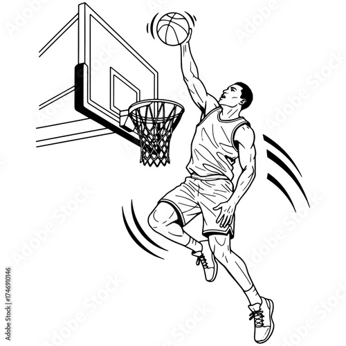 Basketball player in mid-air performing a slam dunk. Dynamic black and white line art illustration of an athlete for a sports poster or coloring book page.


