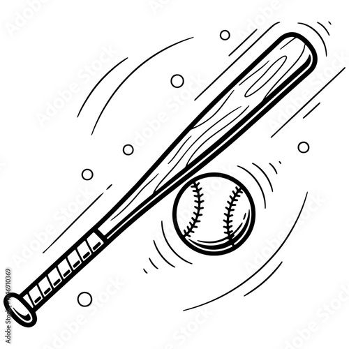 Hand-drawn baseball bat and ball with dynamic motion lines. Black and white doodle-style vector illustration of sports equipment for a logo, icon, or t-shirt.


