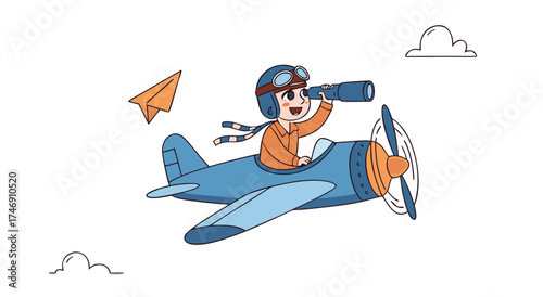 Young pilot flying a vintage airplane with a spyglass.

