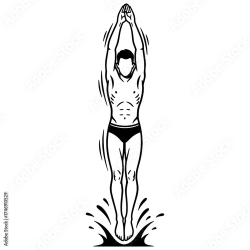 Professional swimmer diving into water. Dynamic black and white vector illustration of an athlete making a splash. Ideal for sports club logos or posters.

