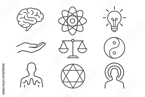 Science, Mind, and Spiritual Balance Line Icon Set