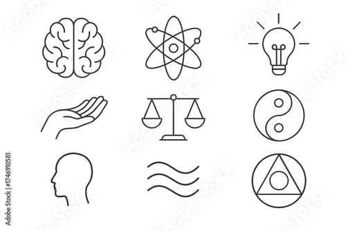 Mind, Science, and Philosophy Line Icon Set