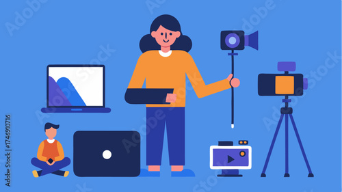 A multidevice setup showing a content creator filming with a smartphone using a laptop for editing and engaging with their audience on a tablet.