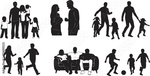 Family, silhouette, parents, children, playing, walking, running, sitting, talking, soccer, bonding, leisure, activity, interaction, lifestyle, teamwork, couch, outdoor, togethern