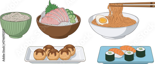 Japanese, food, vector, illustration, sushi, ramen, soba, takoyaki, sashimi, cuisine, traditional, meal, bowl, plate, chopsticks, nigiri, maki, egg, rice, noodles, seafood, graphic