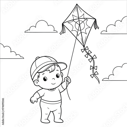 Happy Young Boy Flying a Kite in the Sky - Outline Illustration of a Child Enjoying Outdoor Play and Summer Fun, Perfect for Coloring Pages