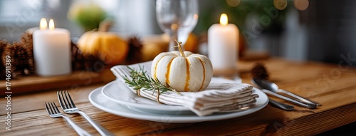Elegant fall dinner table setting adorned with a small pumpkin and candles creating a warm atmosphere for autumn gatherings