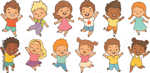 Happy cartoon children set in cute flat vector style, boys and girls jumping, running and dancing, playful pastel palette with thin outlines on clean background for education, preschool, and kids 