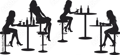 Silhouette, people, bar, stools, drinking, sitting, table, bottle, glass, social, nightlife, posture, leisure, interaction, lounge, elegant, vector, illustration, casual, modern, black, scene
