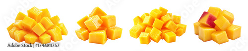 Vibrant diced mango cubes, juicy tropical fruit pieces, bright yellow orange fresh sweet slices, isolated on black PNG set with transparent background
