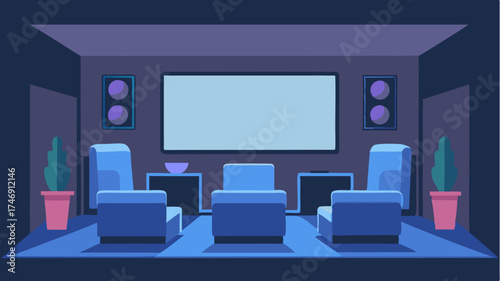 A modern media room with a large screen comfortable seating acoustic panels and ambient lighting to create a cinematic atmosphere.