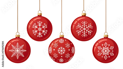 Five red Christmas baubles with white snowflake designs