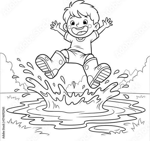 Excited Boy Jumping Joyfully into a Puddle with Splashing Water - Outline Illustration of Childhood Fun in Rain Boots, Coloring Page