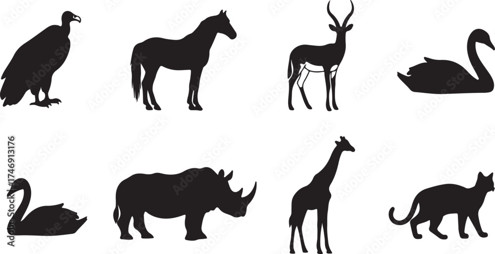 Fototapeta premium Eight diverse animal silhouettes collection graphic design elements for creative projects vector